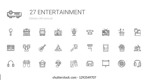 entertainment icons set. Collection of entertainment with projector, video games, domino, audio guide, wizard, gamepad, headphones. Editable and scalable entertainment icons. - Shutterstock ID 1292549707