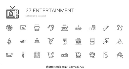 entertainment icons set. Collection of entertainment with seer, magician, ticket, clown, gamepad, microphone, home cinema, arcade, cinema. Editable and scalable entertainment icons.