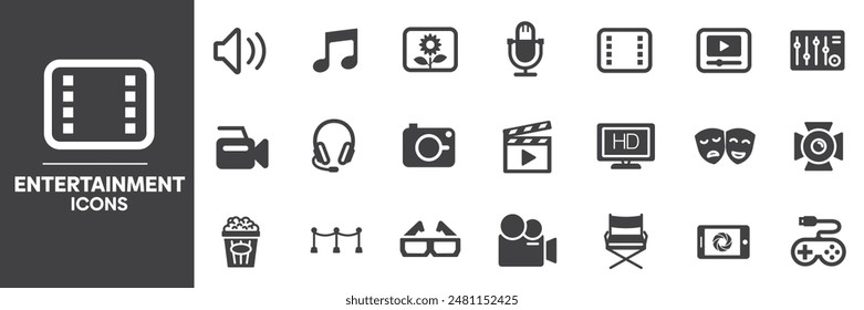 Entertainment Icons Set, Containing All Entertainment Icons Outlines, Vector Illustration Collection Editable eps10