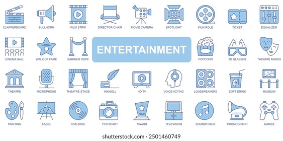 Entertainment icons set in duotone outline stroke design for web. Pack pictograms of clapperboard, bullhorn, film strip, director chair, movie camera, painting, photo art, other. Vector illustration.