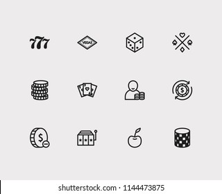 Entertainment icons set. Gamble play and entertainment icons with coin, lose money and gamble chance. Set of fruit for web app logo UI design.