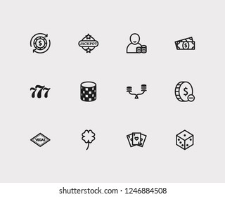 Entertainment icons set. Gamble play and entertainment icons with lose money, winner and casino. Set of reward for web app logo UI design.