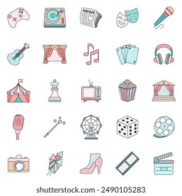 Entertainment icons set, Included icons as Camera, Amusement Park, Clapperboard, Guitar and more symbols collection, logo isolated vector illustration