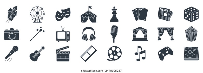 Entertainment icons set, Included icons as Camera, Amusement Park, Clapperboard, Guitar and more symbols collection, logo isolated vector illustration