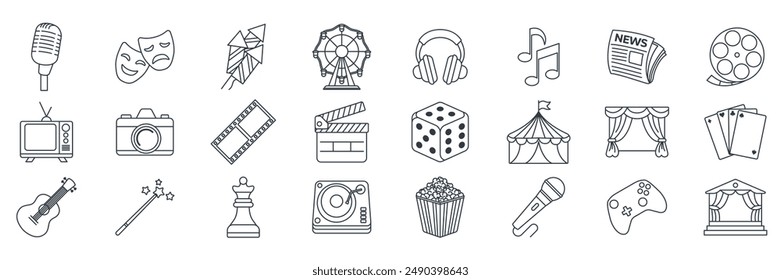 Unterhaltungs-Icons-Set, Enthaltene Icons wie Camera, Amusement Park, Clapperboard, Guitar und mehr Symbole Kollektion, Logo isolierte Vektorillustration