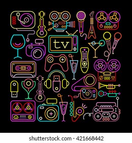 Entertainment Icons  Square Shape Vector Illustration. Neon Colors Silhouettes On A Black Background.