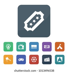 Entertainment icons. vector collection filled entertainment icons such as tv, curtain, ticket, piano, casino chip, joystick, game console, ferris wheel, kite, ticket