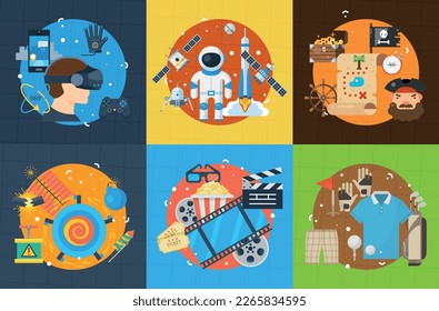 Entertainment industry concept set vector isometric illustration. Amusement art culture recreational pursuit virtual reality game space flight pirate island treasure fireworks movie cinema golf play