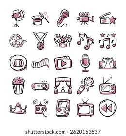 Entertainment industry hand drawn pink icons doodle vector set