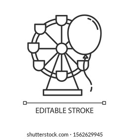 Entertainment industry linear icon. Recreation area. Amusement park. Funfair. Ferris wheel and balloon. Thin line illustration. Contour symbol. Vector isolated outline drawing. Editable stroke