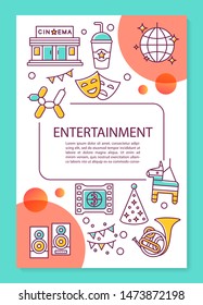 Entertainment industry poster template layout. Cinema, music, events. Banner, booklet, leaflet print design with linear icons. Vector brochure page layouts for magazines, advertising flyers