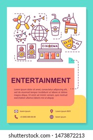 Entertainment industry poster template layout. Cinema, music. Banner, booklet, leaflet print design with linear icons. Vector brochure page layouts for magazines, advertising flyers