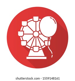 Entertainment industry red flat design long shadow glyph icon. Recreation area. Amusement park. Leisure sector. Ferris wheel and balloon. City holiday celebration. Vector silhouette illustration