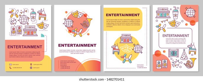 Entertainment industry template layout. Cinema, music and events. Flyer, booklet, leaflet print design with linear illustrations. Vector page layouts for magazines, annual reports, advertising posters