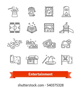 Entertainment industry thin line art icons set. Cinema, theme park, gallery, amusement events. Linear style symbols isolated on white.