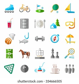 Entertainment, leisure, color icons, images. Vector icons on the theme of leisure and entertainment. Colored pictures. 