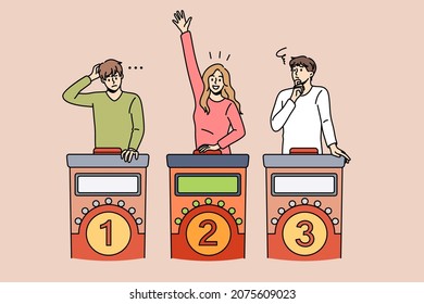 Entertainment and leisure game concept. Group of young smiling people standing playing game guessing something woman raising hand vector illustration 