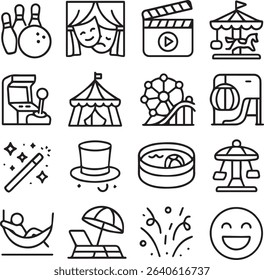 Entertainment and Leisure Line Icons Set – Editable Stroke Amusement, Fun and Activity Symbols

