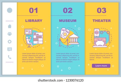 Entertainment and leisure onboarding mobile web pages vector template. Responsive smartphone website interface idea with linear illustrations. Webpage walkthrough step screens. Color concept