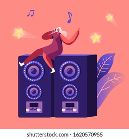 Entertainment Leisure and Recreation Hobby Concept. Cheerful Woman Sitting on Huge Dynamics on Stage Holding Microphone and Singing Song at Karaoke Bar or Night Club. Cartoon Flat Vector Illustration