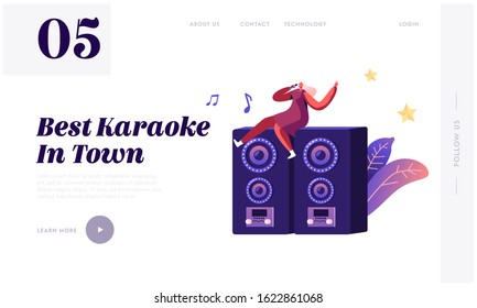 Entertainment Leisure and Recreation Hobby Website Landing Page. Woman Sitting on Huge Dynamics on Stage with Microphone Singing Song at Karaoke Bar Web Page Banner. Cartoon Flat Vector Illustration