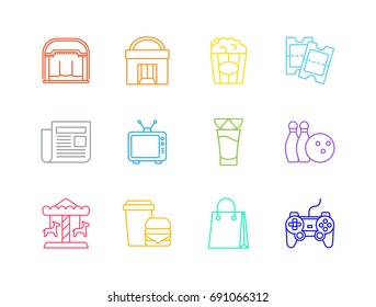 Entertainment and leisure related colorful line icons set with opera, cinema, newspaper, tv, bowling, carousel, fast food, shopping.