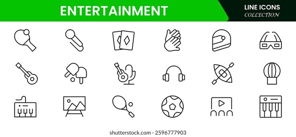 Entertainment and leisure thin black line icons set vector illustration. Outline cinema and theater symbols, museum and TV, masks of theater and popcorn for movies, and a carouse of the amusement park