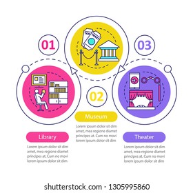 Entertainment and leisure vector infographic template. Library, theater, museum. Business presentation design elements. Data visualization steps and options. Process timeline chart. Workflow layout