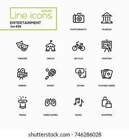 Entertainment - line design icons set. Theater, photography, museum, circus, bicycle, painting, cinema, sport, diving, playing cards, tricks, video games, music, shopping