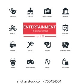 Entertainment - line design icons set. Theatre, photography, museum, circus, bicycle, painting, cinema, sport, diving, playing cards, tricks, video games, music, shopping