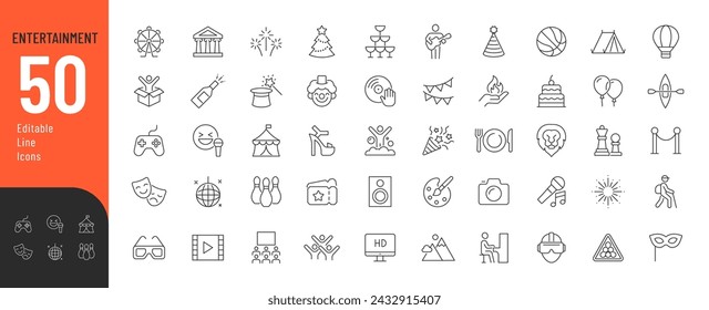 Entertainment Line Editable Icons set. Vector illustration in modern thin line style of leisure and hobbies related icons: party, concert, outdoor recreation, and more. Pictograms and infographics.