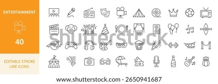 Entertainment Line Editable Icons Set. Music, Movie, Game, Party, Microphone, Theater, Celebration, and More. Vector Illustration.	