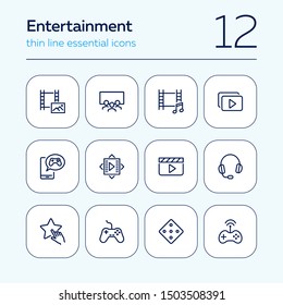 Entertainment line icon set. Cinema, multimedia file, game controller. Leisure concept. Can be used for topics like media content, movie watching, video game