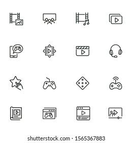 Entertainment line icon set. Cinema, multimedia file, game controller. Leisure concept. Can be used for topics like media content, movie watching, video game