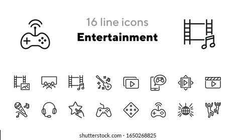 Conjunto de iconos de línea de entretenimiento. Baile, karaoke, cine, controlador de juegos. Concepto de ocio. Se puede usar para temas como diversión, fiesta, concierto