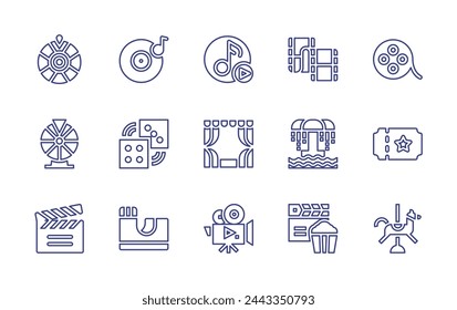 Entertainment line icon set. Editable stroke. Vector illustration. Containing lp, cinema, film, video camera, ticket, lottery, music, film strip, lottery game, movie, dices, theater, merry go round.