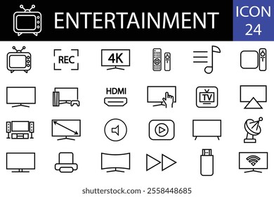 Entertainment line icons set. 24 Entertainment line icons. Simple Set of TV Related Vector Line Icons. vector illustration.