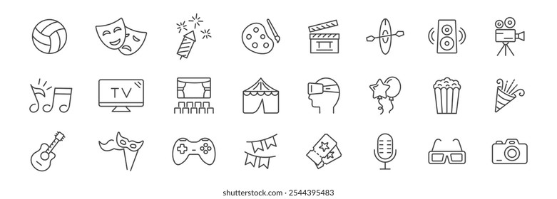 Entertainment line icons set. Video, game, VR, music, arts, cinema, theater, circus, water polo. Vector.