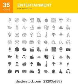 Entertainment Line Web Glyph Icons. Vector Illustration of Holiday Outline and Flat Symbols. 