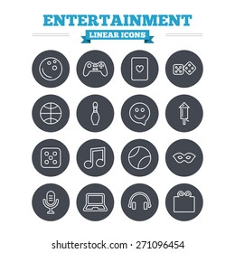 Entertainment linear icons set. Game console joystick, notebook and microphone symbols. Poker playing card, dice and mask thin outline signs. Musical note and smile in speech bubble. Flat circle