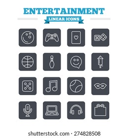 Entertainment linear icons set. Game console joystick, notebook and microphone symbol. Poker playing card, dice and mask thin outline signs. Musical note and smile in speech bubble. Flat square vector