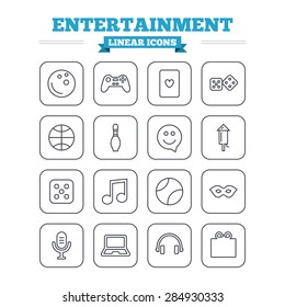 Entertainment linear icons set. Game console joystick, notebook and microphone symbols. Poker playing card, dice and mask thin outline signs. Musical note and smile in speech bubble. Flat square