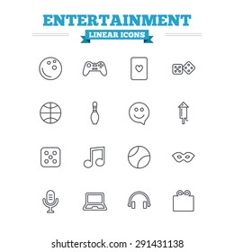 Entertainment linear icons set. Game console joystick, notebook and microphone symbols. Poker playing card, dice and mask thin outline signs. Musical note and smile in speech bubble. Flat vector