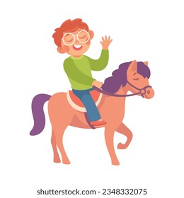 Entertainment with Little Boy in Amusement Park Riding Horse Vector Illustration