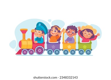 Entertainment with Little Boy and Girl in Amusement Park Riding Train Carousel Vector Illustration