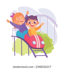 Entertainment with Little Boy and Girl in Amusement Park Riding Roller Coaster Carousel Vector Illustration