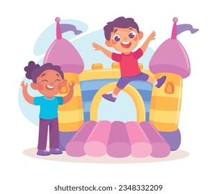 Entertainment with Little Boy and Girl Jumping on Trampoline in Bouncy Castle in Amusement Park Vector Illustration