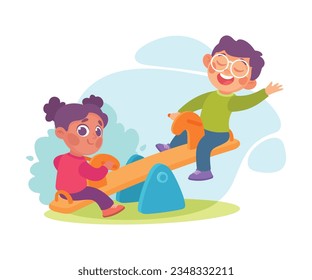 Entertainment with Little Boy and Girl on Seesaw in Amusement Park Vector Illustration