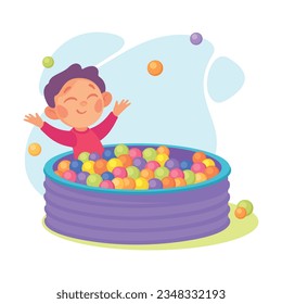Entertainment with Little Boy in Pool with Balls at Amusement Park Vector Illustration