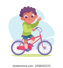 Entertainment with Little Boy Riding Bicycle and Waving Hand in Amusement Park Vector Illustration